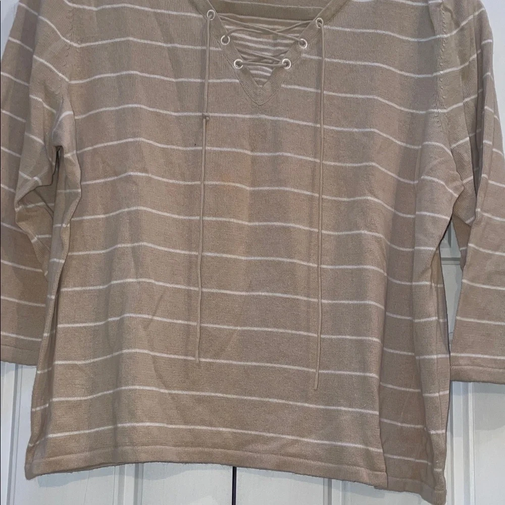 Christopher & Banks Beige Striped Lace-Up Long Sleeve Tee - Picture 5 of 7